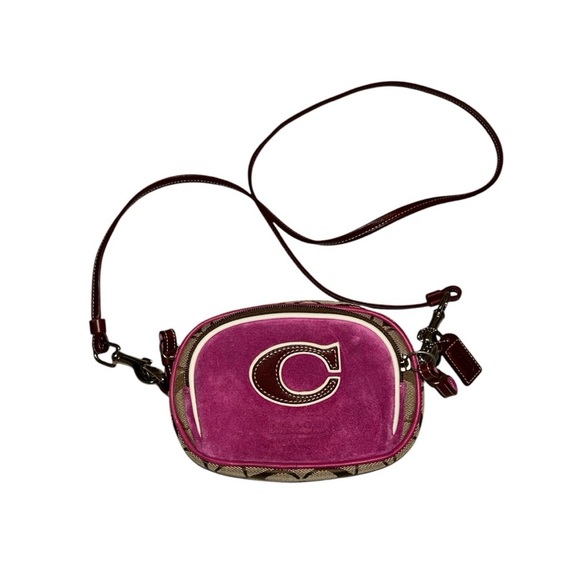 Coach Vintage Y2K Pink Suede Signature Jacquard & Brown Leather Crossbody 7”x5”